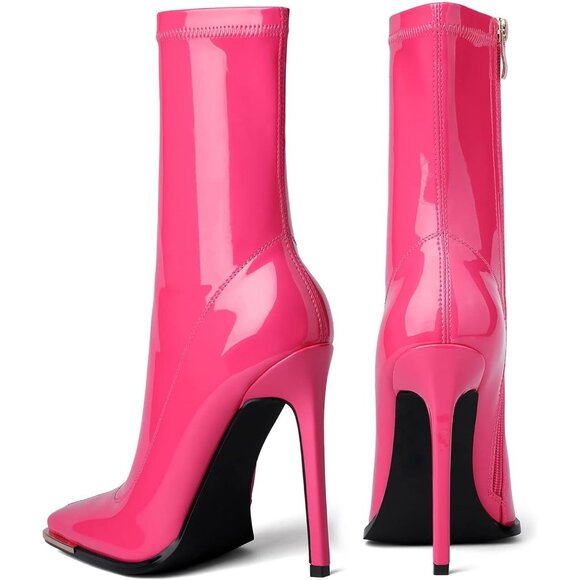 Women's Pink Mid Calf Comfy Square Closed Toe Heel Zipper Short Ankle Boots - Picture 6 of 8